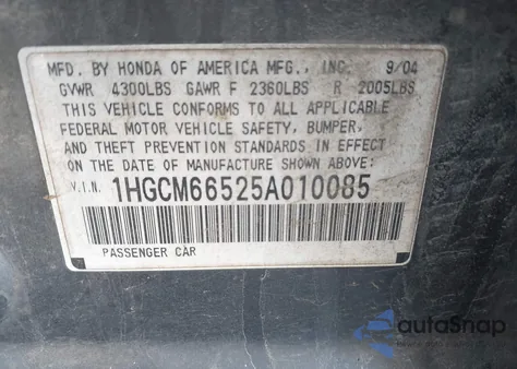 2005 Honda Accord 3.0 Ex from USA, damaged, VIN 1HGCM66525A010085